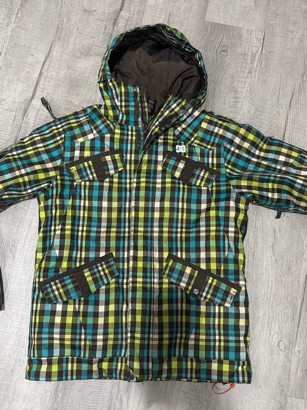 DC Plaid Hooded Ski Jacket in Green, Teal & Black